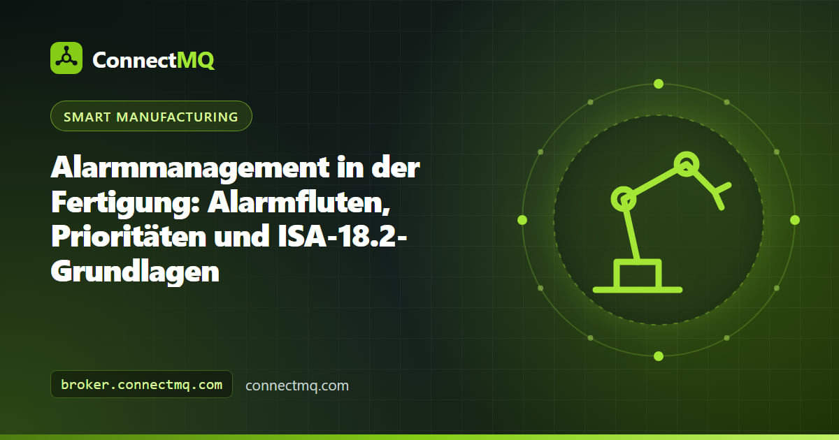 Illustration zum Alarmmanagement in der Fertigung mit einer Bedienerkonsole, priorisierten Alarmen und MQTT-Alarmereignissen