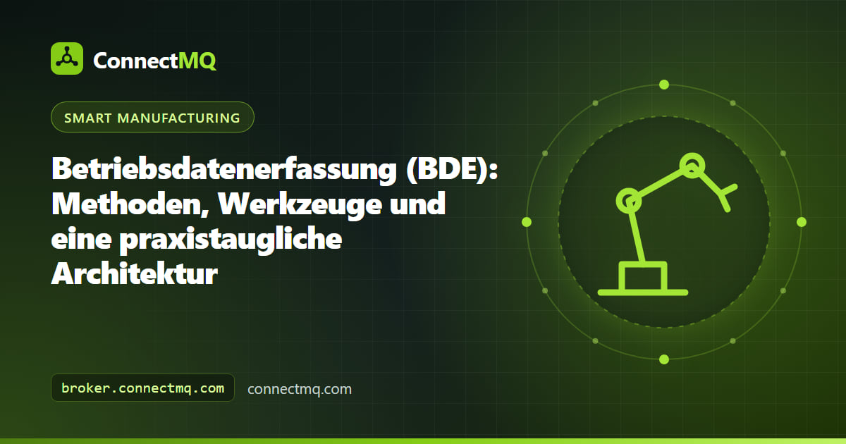 Illustration der Betriebsdatenerfassung mit Bestandsmaschinen, SPS, Nachrüstsensoren und einem Edge-Gateway, das Daten an einen MQTT-Broker sendet