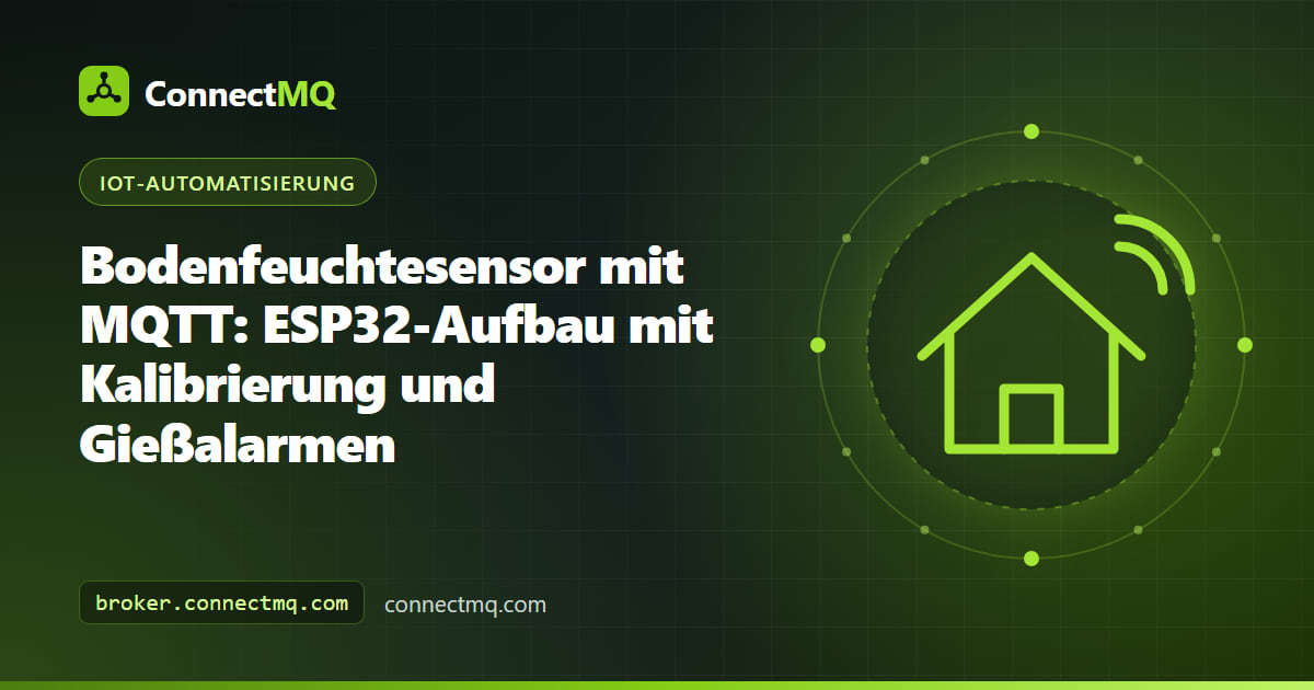 Bodenfeuchtesensor-MQTT-Knoten mit ESP32 und kapazitiver Sonde in einem Pflanzbeet, der Messwerte an einen Cloud-Broker sendet