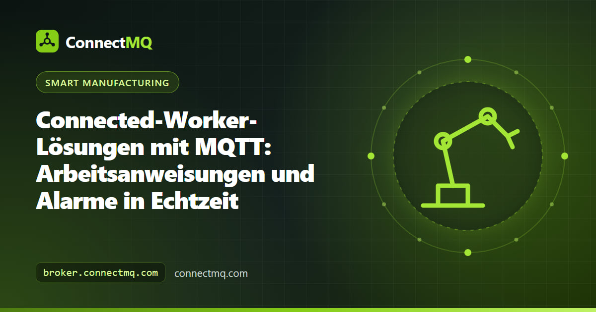 Illustration zum Connected Worker mit einem Bediener, der auf Tablet und Smartwatch MQTT-Alarme und Arbeitsanweisungen in der Fertigung empfängt