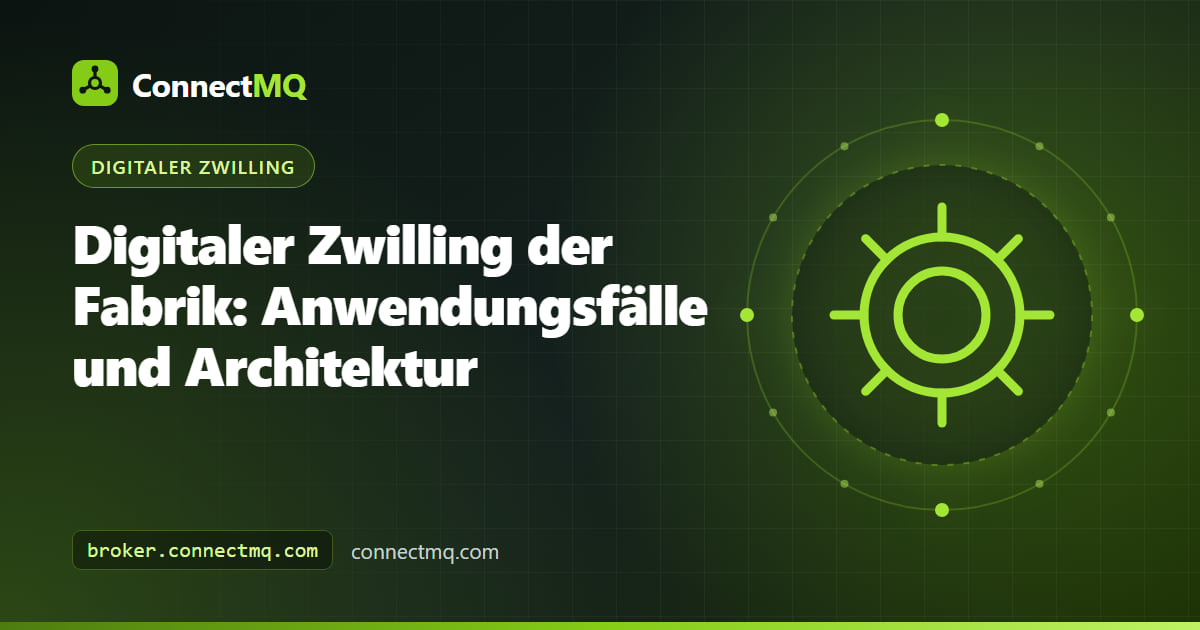 Digitaler Zwilling einer Fabrik mit einer 3D-Produktionslinie aus CNC-Maschinen, Roboterarm und Förderband, verbunden mit Live-MQTT-Datenströmen
