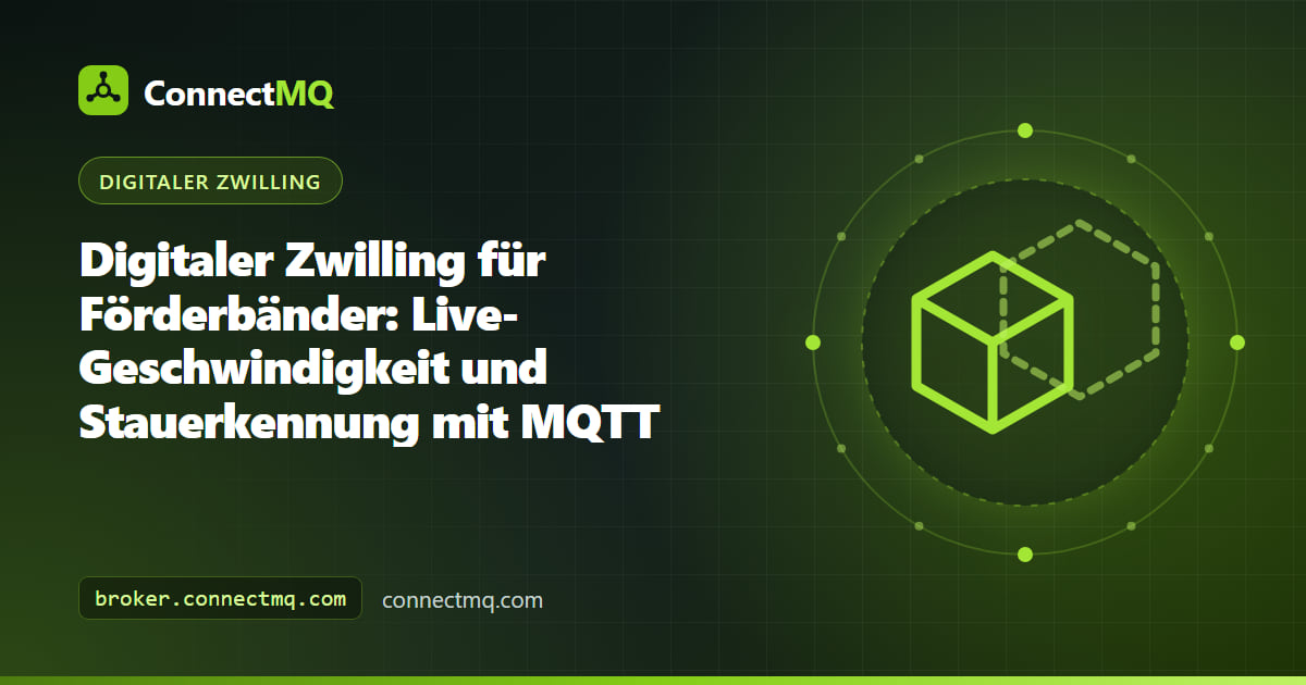 Digitaler Zwilling eines Förderbands mit Rollen, Paketen und roter Stauwarnung, gesteuert durch Live-MQTT-Daten
