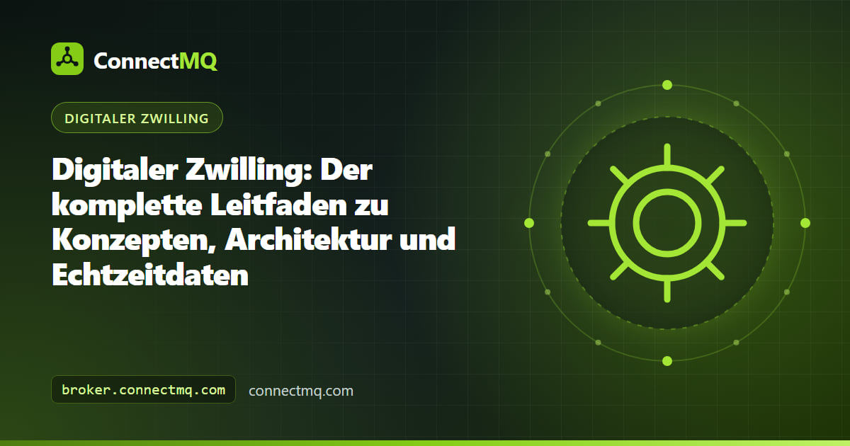 Illustration zur Technologie des digitalen Zwillings mit einem 3D-Fabrikmodell, das über MQTT gestreamte Live-Maschinendaten spiegelt