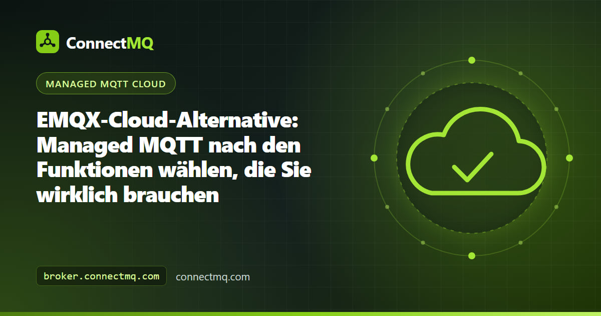 Illustration einer Funktions-Checkliste zur Wahl einer EMQX-Cloud-Alternative, mit Industriegeräten, die Sparkplug-B-Daten an einen verwalteten MQTT-Broker senden