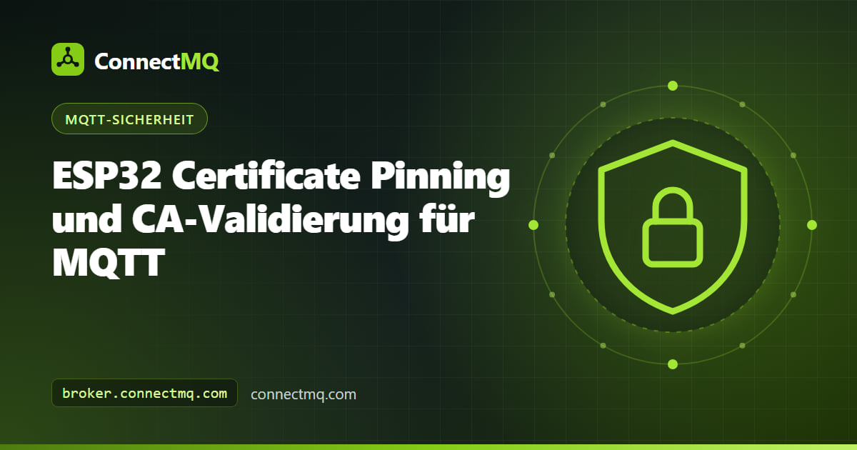 Illustration zum ESP32 Certificate Pinning mit einem Mikrocontroller, der ein gepinntes Root-Zertifikat hält, während er sich über TLS mit einem MQTT-Broker verbindet