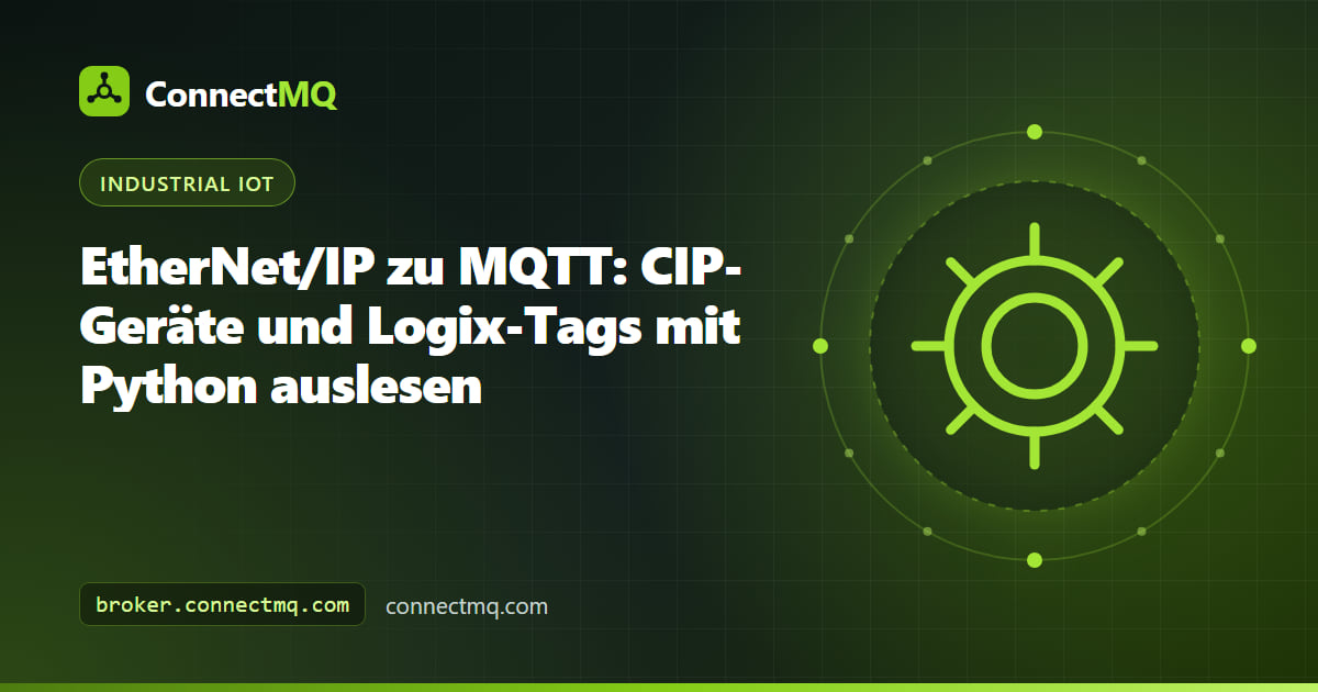 Edge-Gateway, das CIP-Tags aus einem Logix-SPS-Rack liest und als EtherNet/IP-zu-MQTT-Nachrichten an einen Cloud-Broker sendet