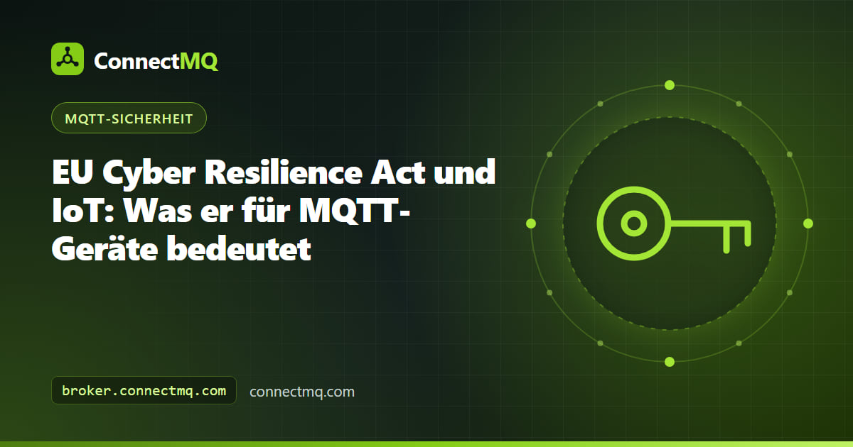 Illustration zum EU Cyber Resilience Act im IoT mit vernetztem Gerät, sicherem Update-Pfad und verschlüsselter MQTT-Verbindung zu einem Cloud-Broker