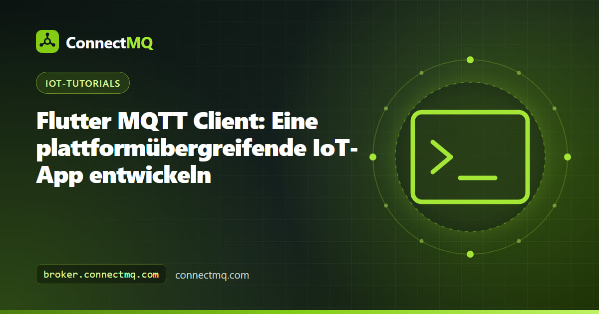 Flutter-MQTT-App auf einem Smartphone und im Browser mit Live-Sensorwerten und einem Geräteschalter, verbunden mit einem Cloud-Broker