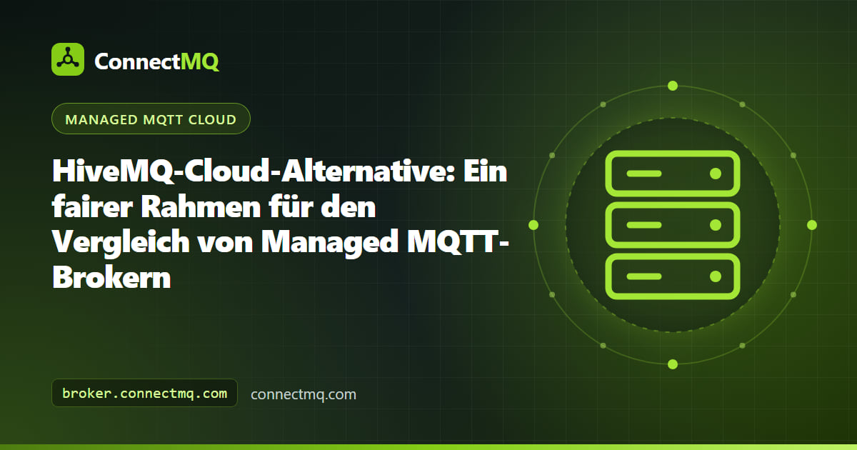 Illustration einer Vergleichstabelle zur Wahl einer HiveMQ-Cloud-Alternative, in der mehrere verwaltete MQTT-Broker nach denselben Kriterien bewertet werden