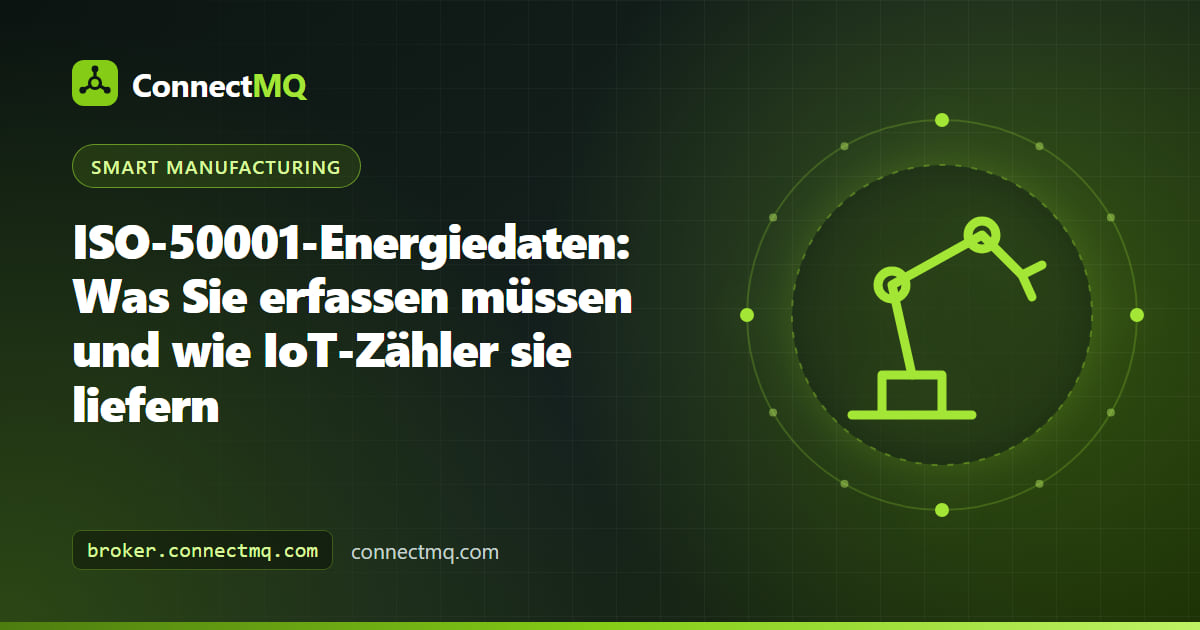 Fluss von ISO-50001-Energiedaten aus IoT-Zählern und Produktionsvariablen zu EnPI- und Ausgangsbasis-Diagrammen in einem Energiemanagement-Dashboard