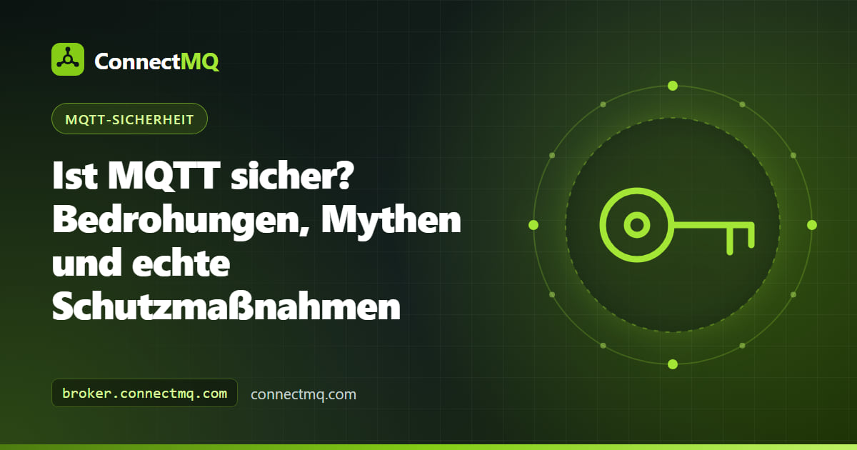 Diagramm mit mehrschichtigem Schutzschild, das die Frage „Ist MQTT sicher?" mit TLS, Authentifizierung und Mandantenisolation rund um einen MQTT-Broker beantwortet