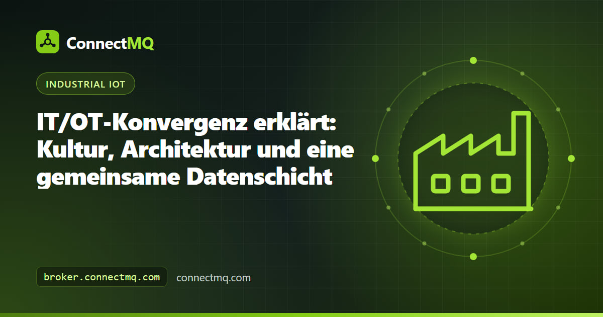 IT-Büro und OT-Fertigungshalle, verbunden durch eine gemeinsame Datenschicht, als Sinnbild für IT/OT-Konvergenz