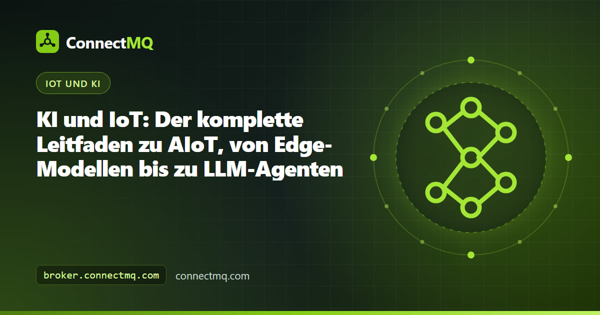 Illustration zu KI und IoT mit Sensoren, die MQTT-Daten an Edge- und Cloud-KI-Modelle streamen, die Befehle an die Geräte zurücksenden
