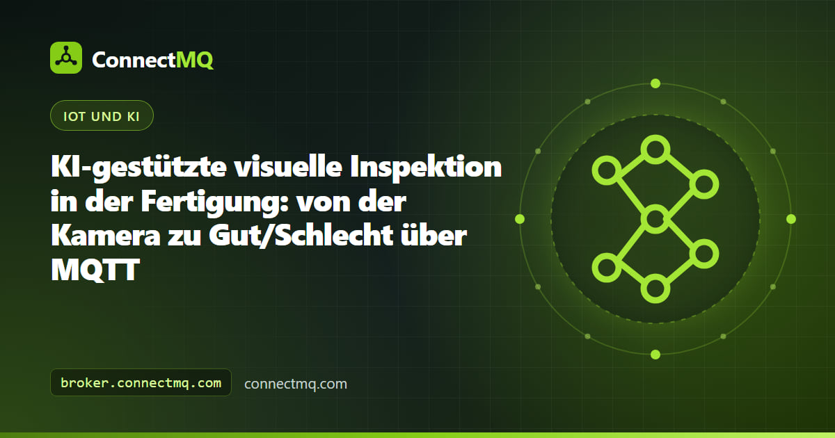 Station für KI-gestützte visuelle Inspektion mit einer Industriekamera über einem Förderband, einem markierten Fehler an einem Bauteil und Gut/Schlecht-Ergebnissen über MQTT