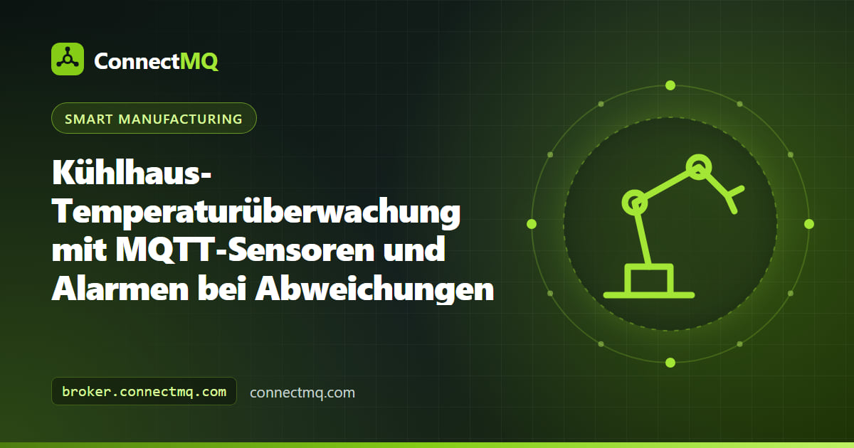Kühlhaus-Temperaturüberwachung mit Funksensoren in einem begehbaren Tiefkühlraum, die Abweichungsalarme an ein Cloud-MQTT-Dashboard senden