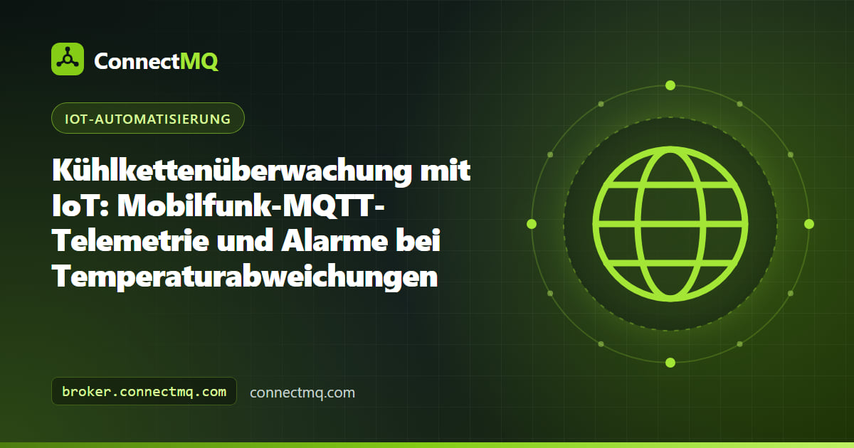 Diagramm zur Kühlkettenüberwachung mit einem Kühl-Lkw und einem Container, die Temperaturdaten per Mobilfunk-MQTT an ein Alarm-Dashboard senden
