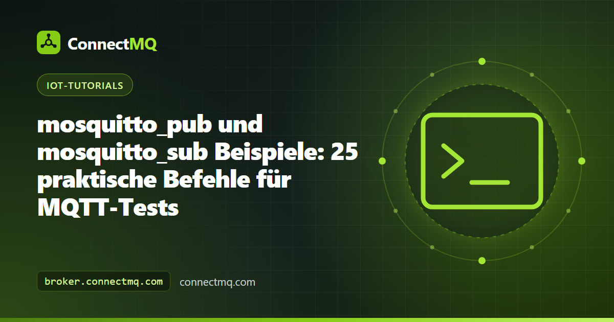 Terminalfenster mit mosquitto_pub- und mosquitto_sub-Beispielen, die an einen Cloud-MQTT-Broker veröffentlichen und ihn abonnieren
