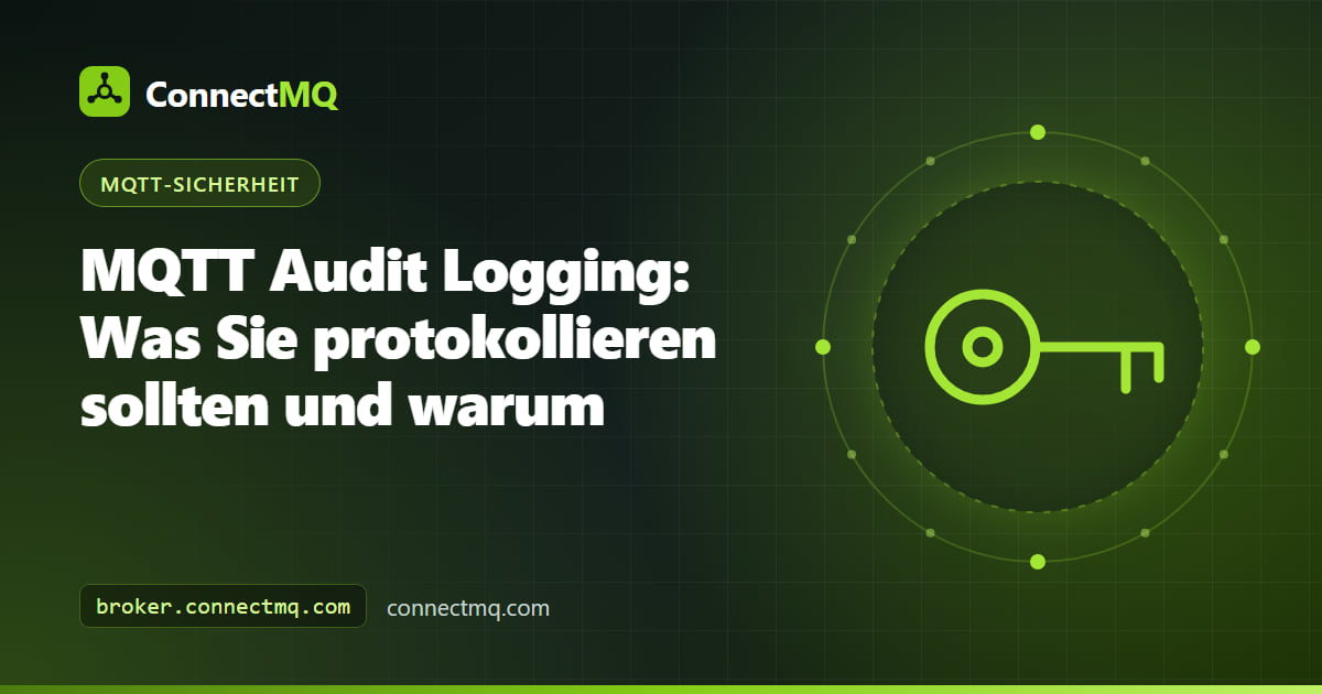 MQTT-Audit-Logging-Pipeline mit Verbindungsereignissen des Brokers, Authentifizierungsfehlern und Admin-Aktionen, die in einen zentralen Log-Speicher fließen