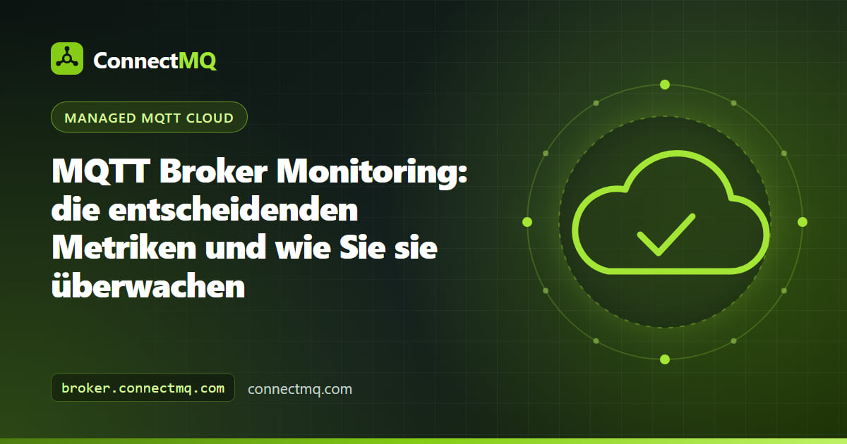 Illustration eines MQTT Broker Monitoring Dashboards mit Verbindungszahlen, Nachrichtenraten und Latenzdiagrammen neben einem Broker