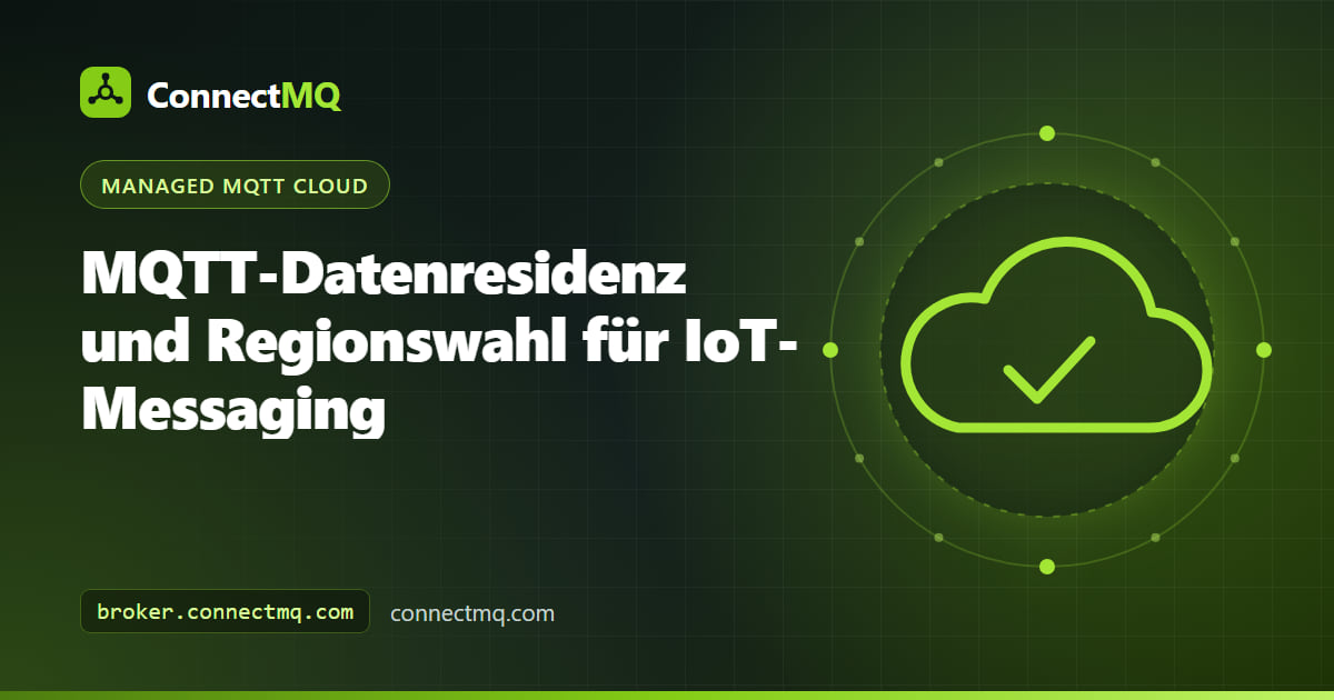 Illustration zur MQTT Datenresidenz: Weltkarte, auf der IoT-Nachrichten innerhalb einer gewählten regionalen Grenze um den Broker bleiben
