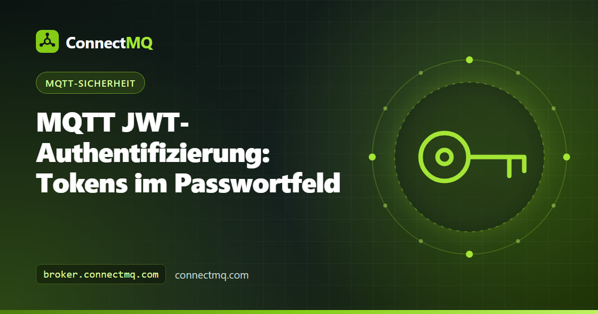 Diagramm der MQTT JWT-Authentifizierung mit Token-Aussteller, Gerät und einem Broker, der ein signiertes Token prüft