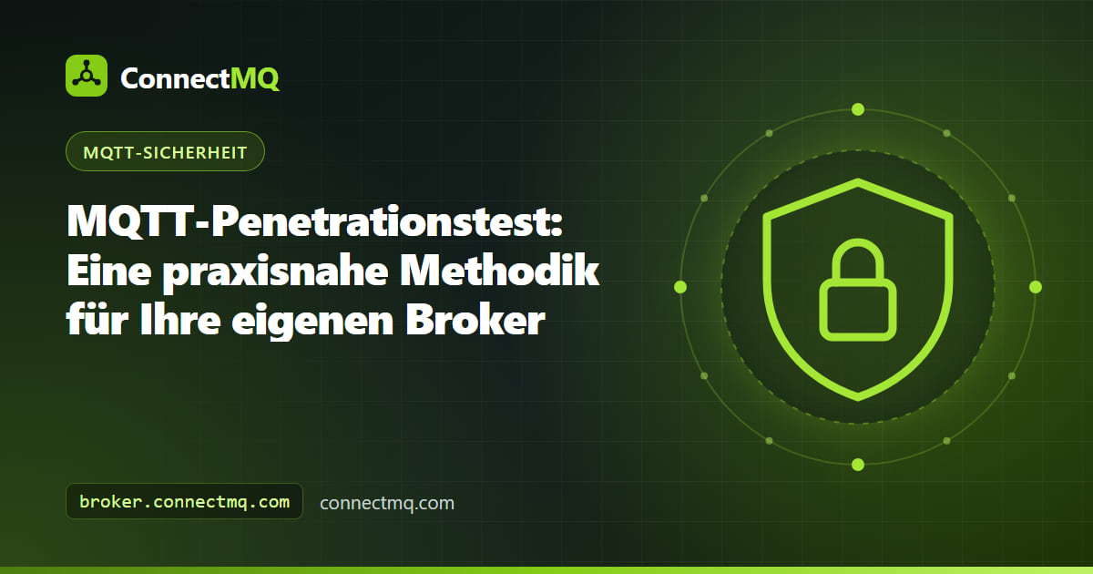 Ablaufdiagramm eines MQTT-Penetrationstests mit Abgrenzung, Aufklärung sowie Authentifizierungs- und TLS-Prüfungen gegen einen unternehmenseigenen Broker