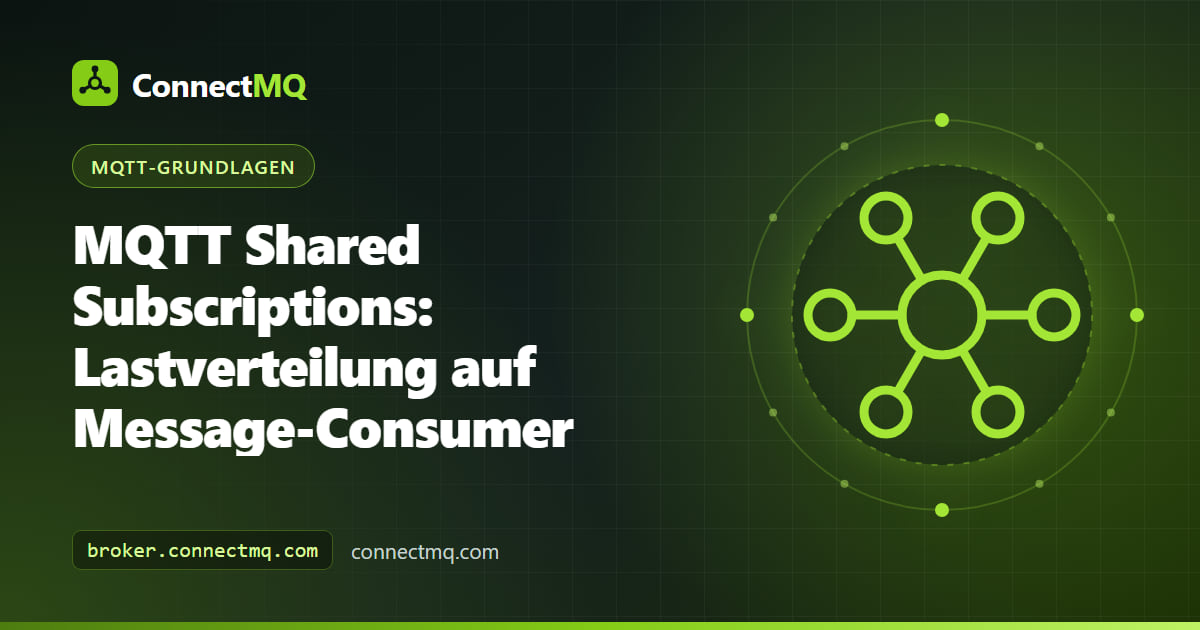 Illustration zu MQTT Shared Subscriptions mit einem Broker, der Nachrichten eines Topics auf eine Gruppe von Backend-Worker-Diensten verteilt