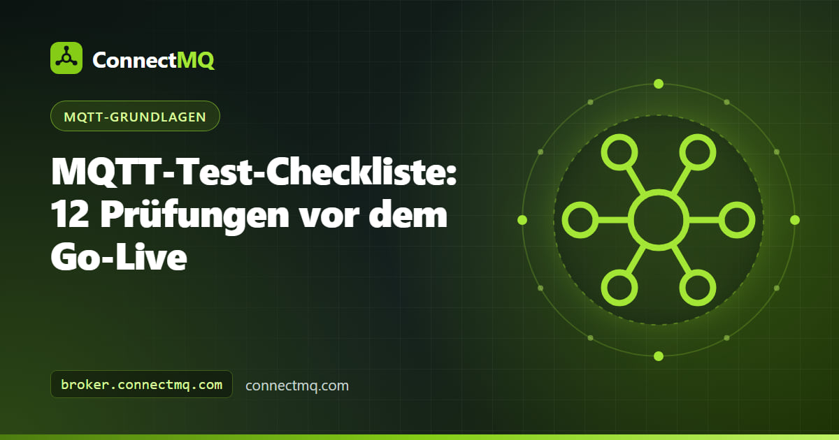 Klemmbrett mit abgehakten Punkten neben einem Broker-Diagramm und verbundenen Geräten als Illustration einer MQTT-Test-Checkliste