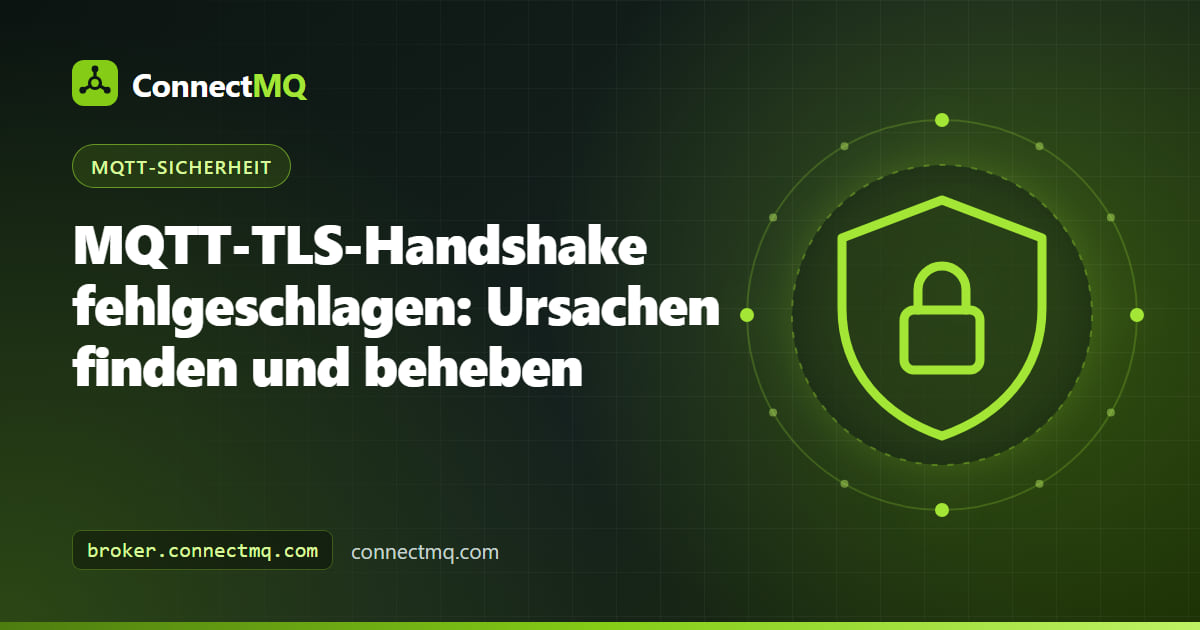 Illustration zur Fehlersuche bei fehlgeschlagenem MQTT-TLS-Handshake mit einem abgebrochenen Handshake zwischen Client und Broker und Diagnoseausgabe im Terminal