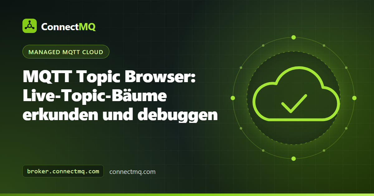 MQTT Topic Browser mit einem hierarchischen Live-Topic-Baum, in dem sich Sensoren, Linien und Maschinen in Echtzeit aktualisieren