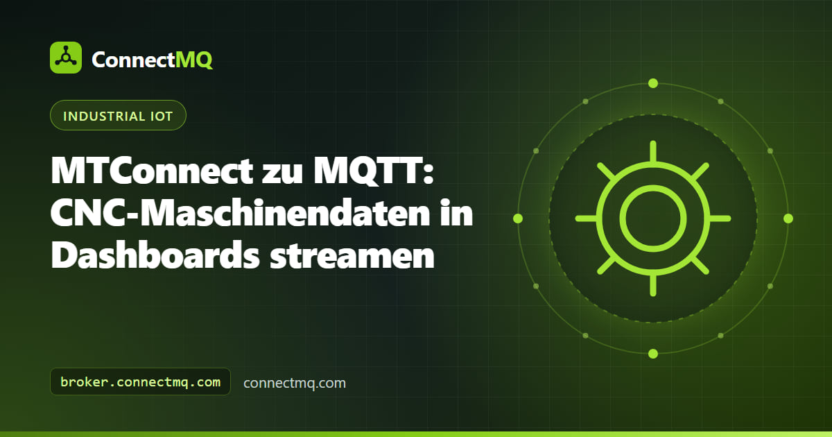 CNC-Maschinen speisen einen MTConnect-Agent, dessen XML-Stream eine Brücke von MTConnect zu MQTT in Live-Dashboard-Topics umwandelt