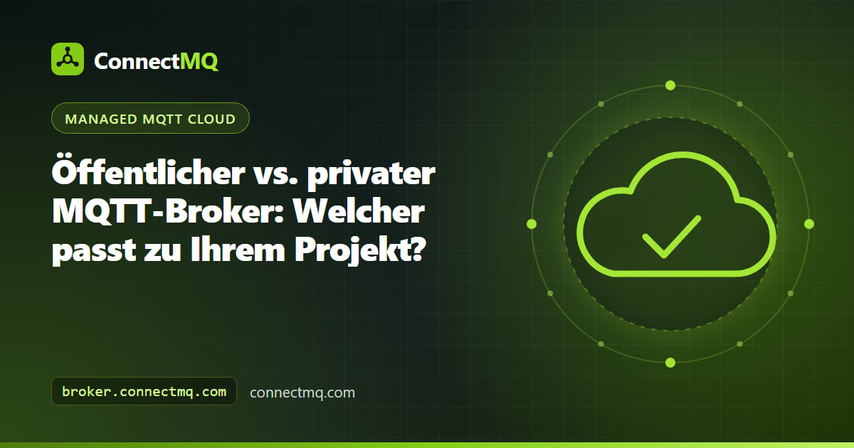 Illustration zu öffentlichem vs. privatem MQTT-Broker, links ein offener gemeinsamer Topic-Bereich, rechts ein abgeschlossener privater Broker