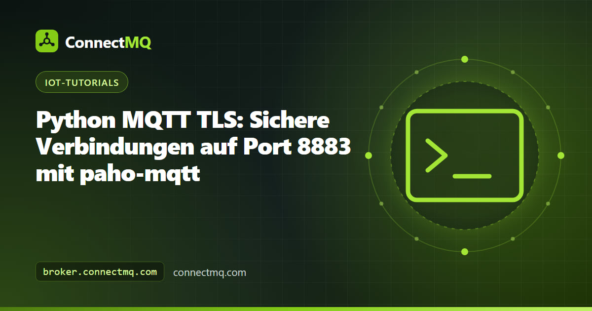 Vorhängeschloss über einem Python-Skript, das eine Python-MQTT-TLS-Verbindung zu einem Broker auf Port 8883 zeigt