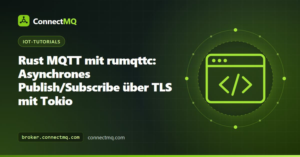 Illustration im Stil des Rust-Krebs-Logos, die einen Rust-MQTT-rumqttc-Client beim Senden von Nachrichten über TLS zeigt