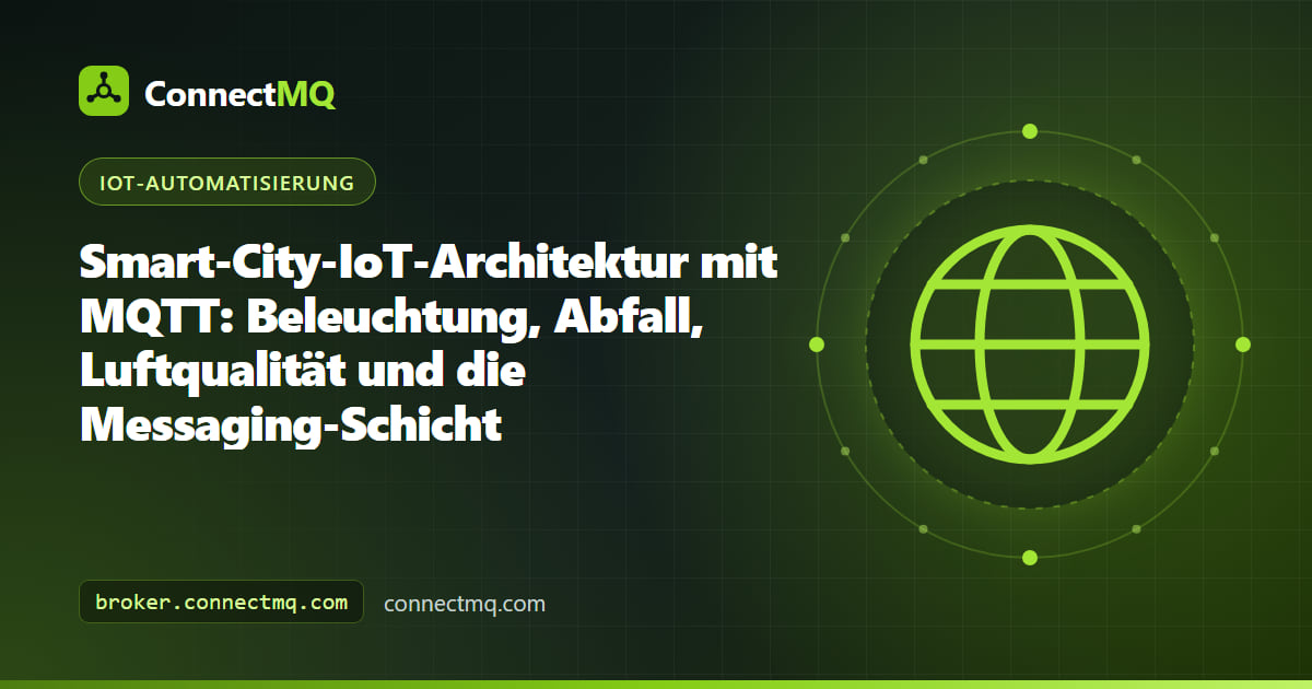Smart-City-IoT-Architektur mit Straßenlaternen, Abfallbehältern und Luftqualitätssensoren, die über Gateways mit einem MQTT-Broker verbunden sind