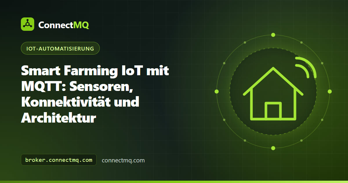Feld mit Smart-Farming-IoT-Ausstattung aus Bodensonden, Wetterstation, Bewässerungsventilen und einem LoRaWAN-Gateway, das Daten an einen MQTT-Broker sendet
