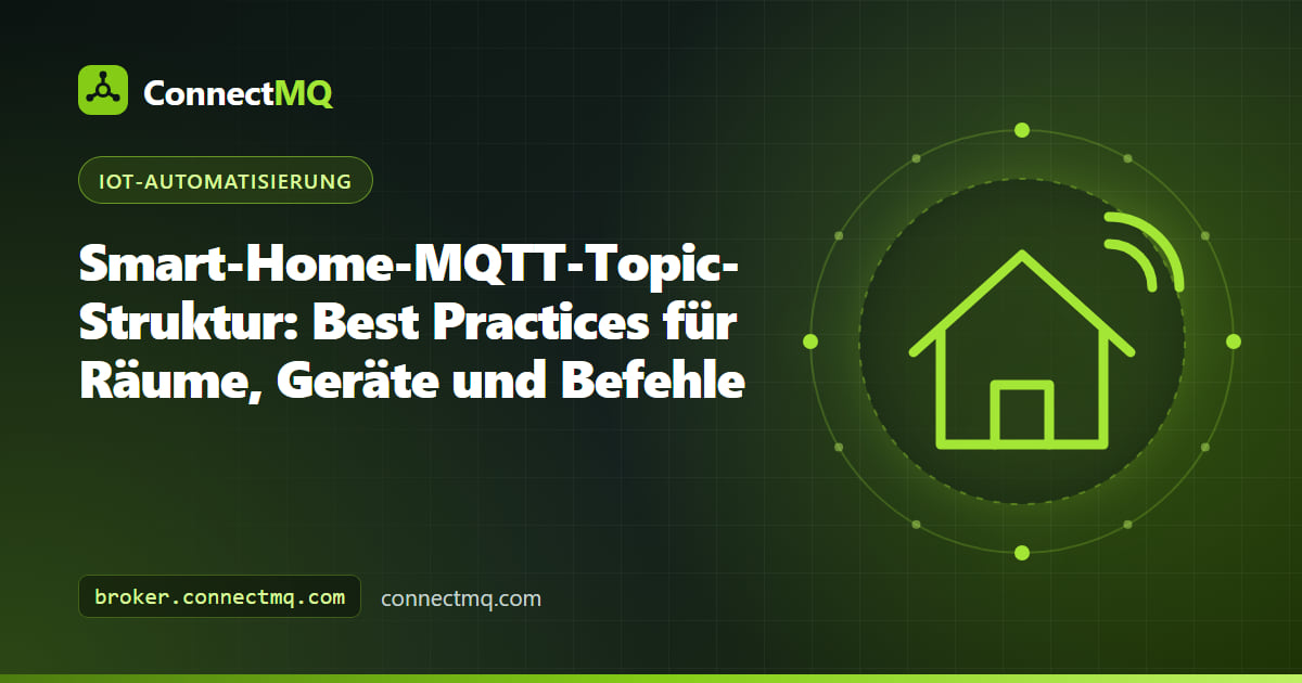 Diagramm einer Smart-Home-MQTT-Topic-Struktur mit Räumen, Geräten und Eigenschaften, die von einem Home-Root-Topic abzweigen