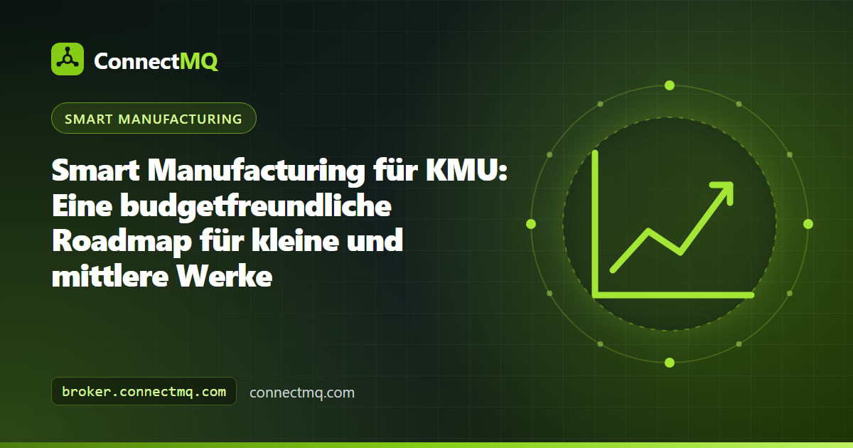 Smart Manufacturing für KMU: kleine Werkstatt mit einigen sensorbestückten Maschinen, die Daten an einen Cloud-MQTT-Broker und ein Dashboard senden