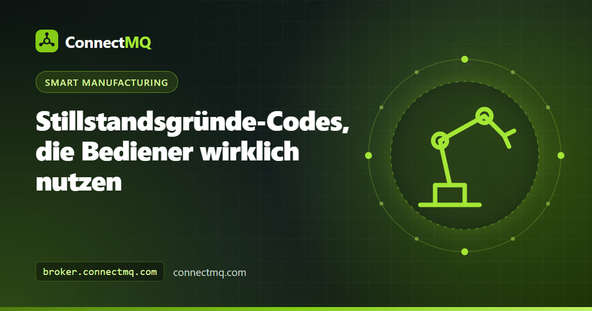 Illustration zu Stillstandsgründe-Codes mit einem dreistufigen Ursachenbaum auf einem Bediener-Tablet neben einer stehenden Maschine, die ihren Zustand per MQTT veröffentlicht