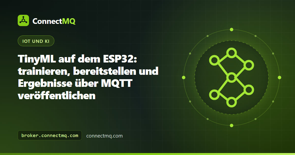 Titelbild des TinyML-ESP32-Tutorials mit einer ESP32-Platine, die ein kleines neuronales Netz ausführt und Klassifikationsergebnisse über MQTT sendet