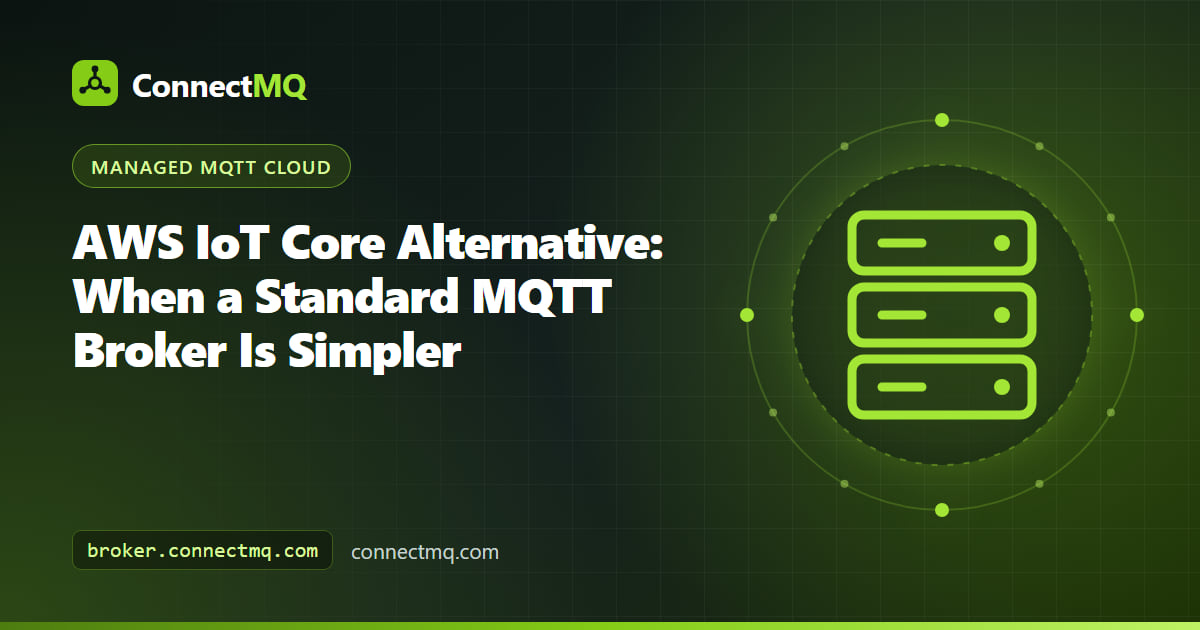 Illustration of an AWS IoT Core alternative, with IoT devices connecting over standard MQTT to a cloud-neutral managed broker