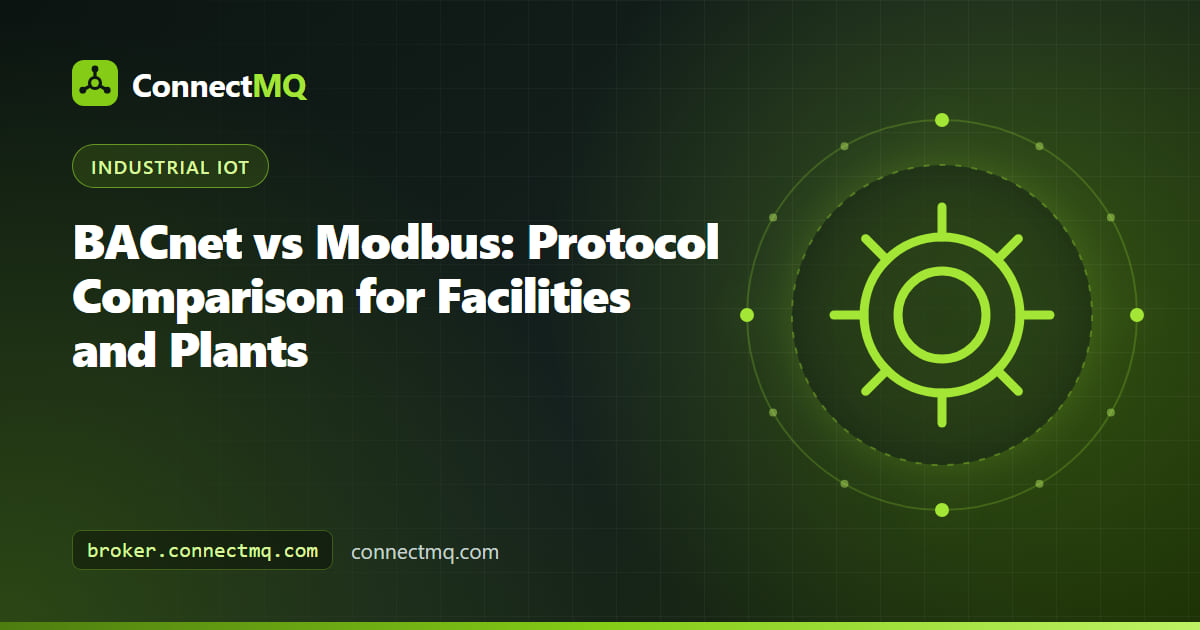 Split illustration of a building automation controller and a factory PLC connected to one gateway, comparing BACnet vs Modbus