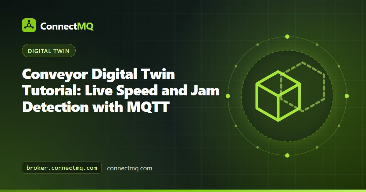 Conveyor digital twin with rollers, parcels and a red jam warning driven by live MQTT data