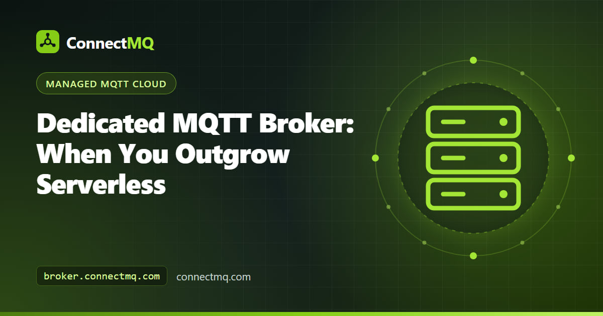 Dedicated MQTT broker illustration showing a single isolated cloud cluster serving one company's device fleet with reserved capacity