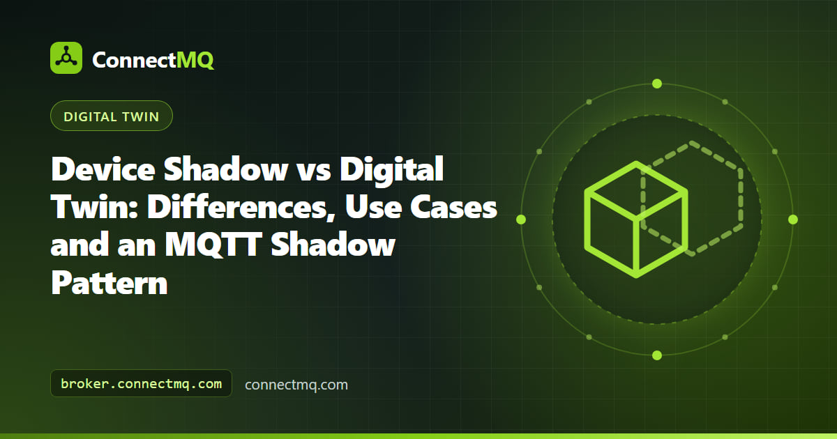 Device shadow vs digital twin comparison showing a single JSON state document beside a full 3D twin model with history and relationships