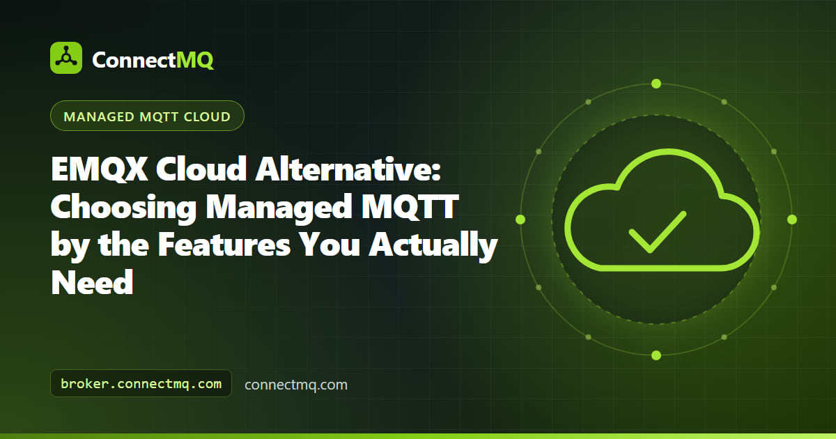 Feature checklist illustration for choosing an EMQX Cloud alternative, with industrial devices publishing Sparkplug B data to a managed MQTT broker