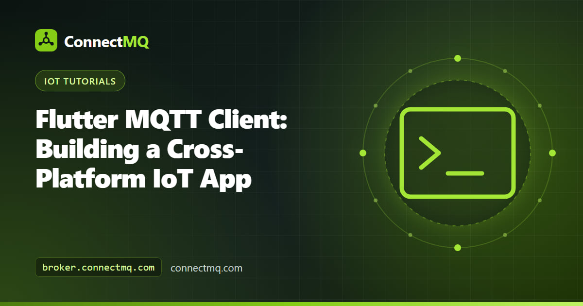 Flutter MQTT app on a phone and in a browser showing live sensor values and a device toggle connected to a cloud broker