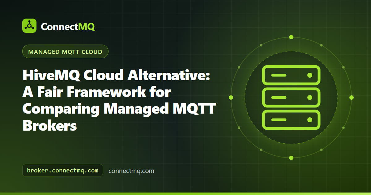 Comparison chart illustration for choosing a HiveMQ Cloud alternative, with several managed MQTT brokers scored against the same criteria