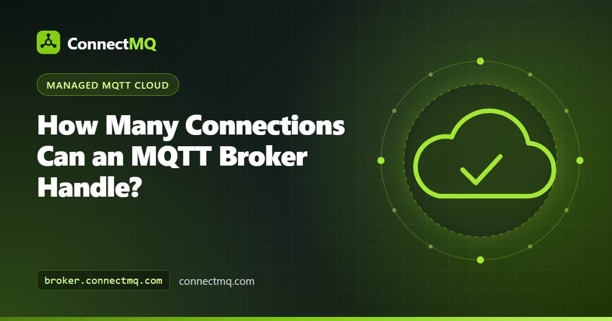 How many connections can an MQTT broker handle illustration showing a broker server with memory, file descriptor and TLS gauges surrounded by connected devices