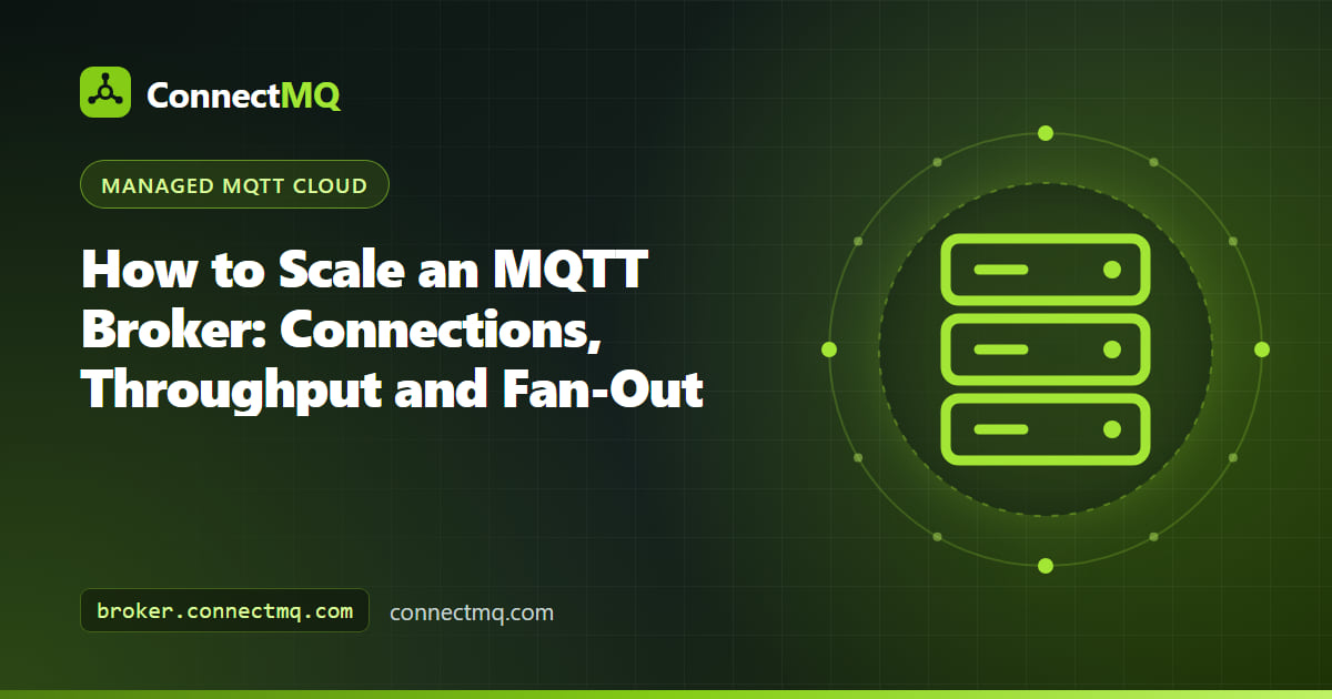 How to scale an MQTT broker illustration with many devices feeding a broker that fans messages out to multiple subscriber groups